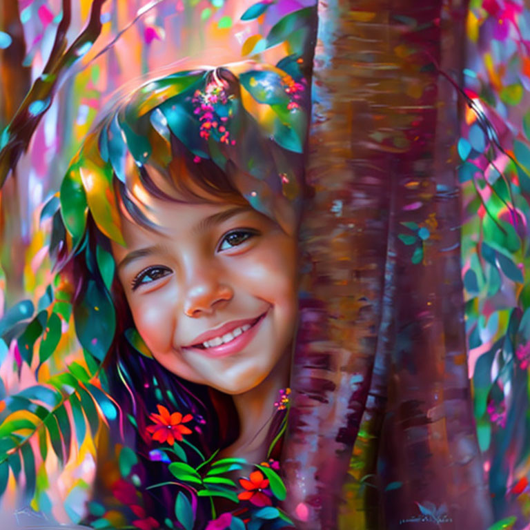 Young girl with beaming smile among vibrant leaves and flowers