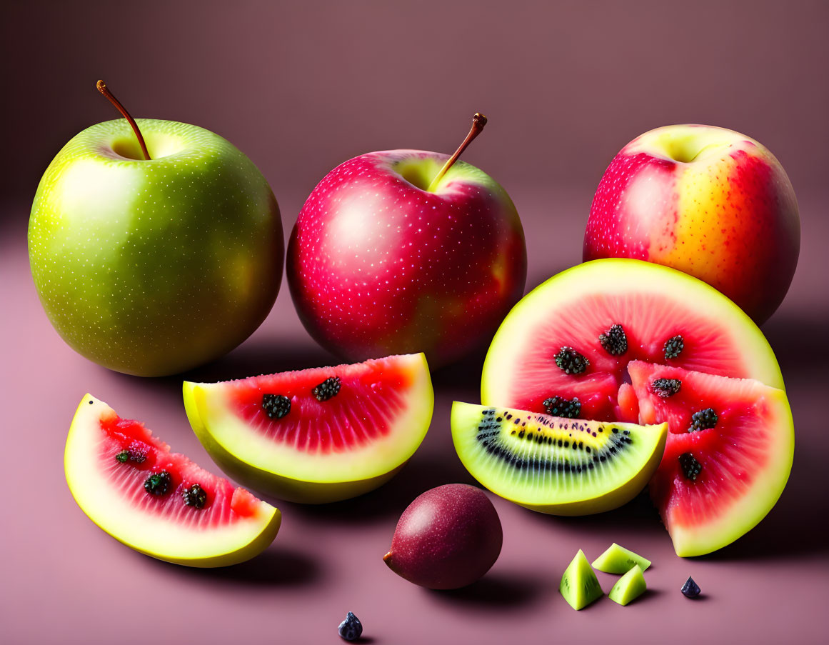 Assorted whole and sliced fruits on purple background