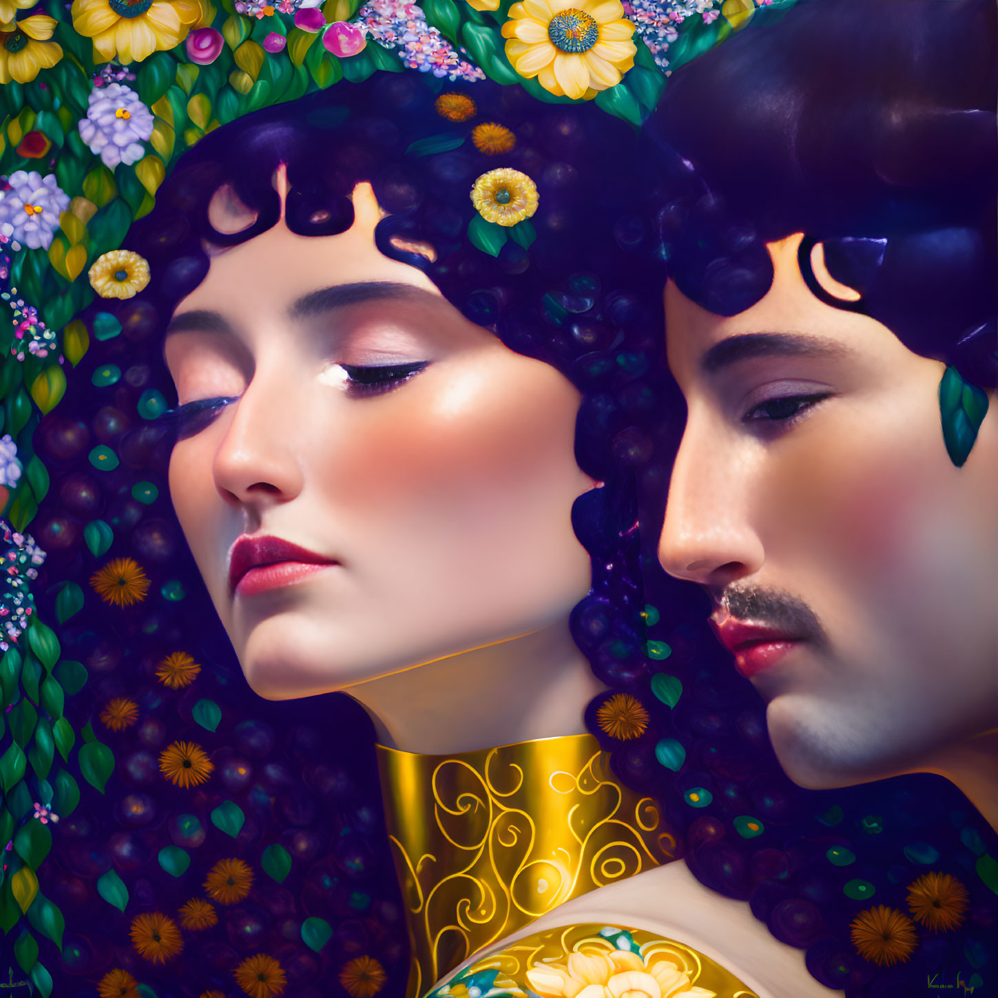 Digital painting of stylized woman and man in romantic, mythological setting
