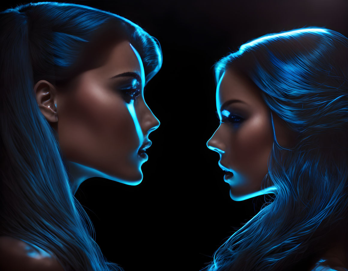 Dual profile portraits illuminated by striking blue light on dark backdrop