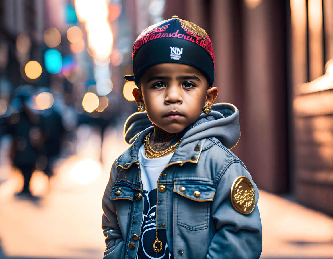 Serious young child with stylish urban attire on city street