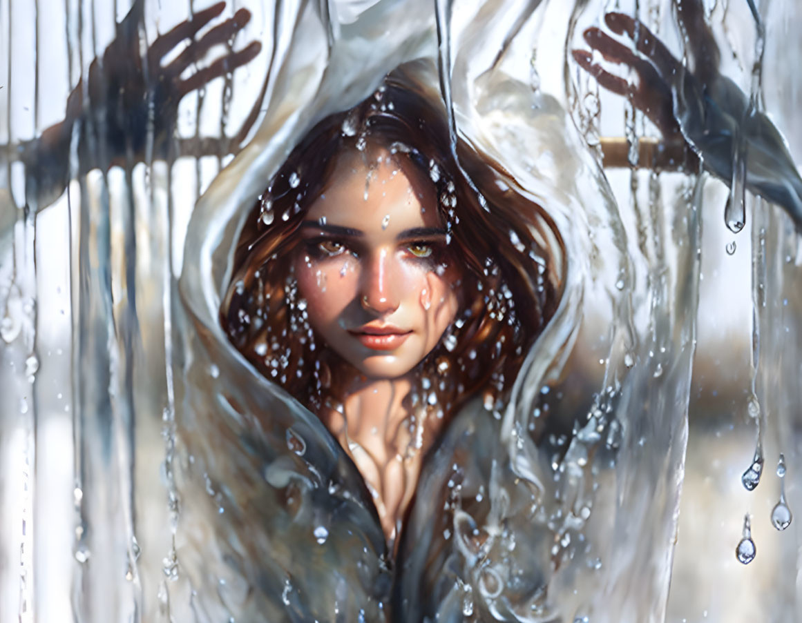 Digital painting of serene woman behind glass pane with streaming water droplets