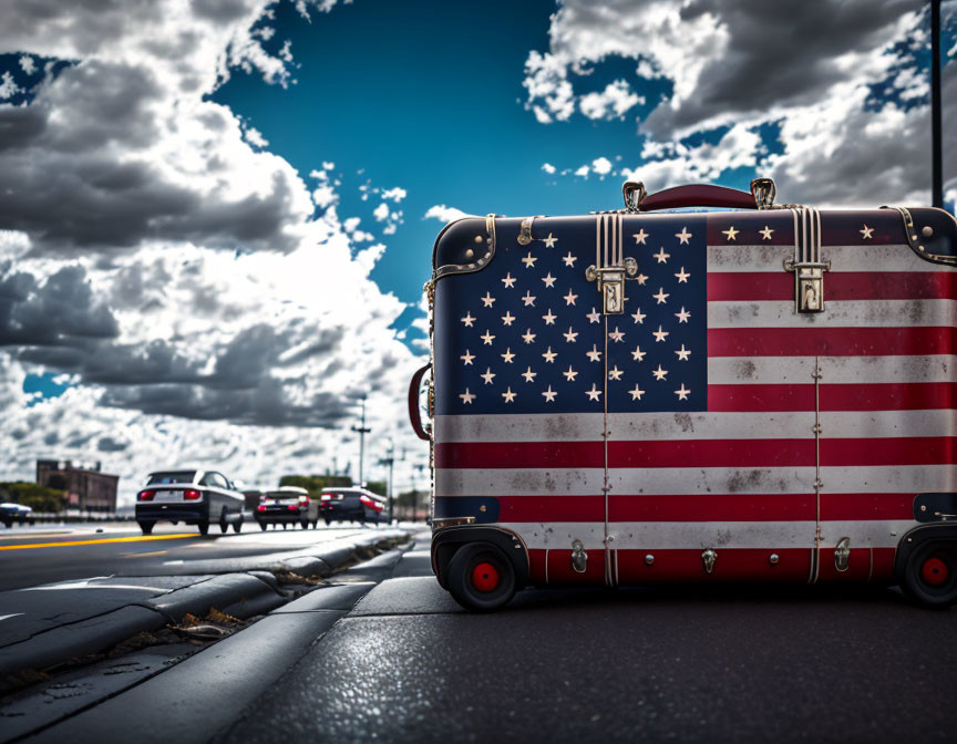 Patriotic American flag suitcase on roadside under dramatic sky