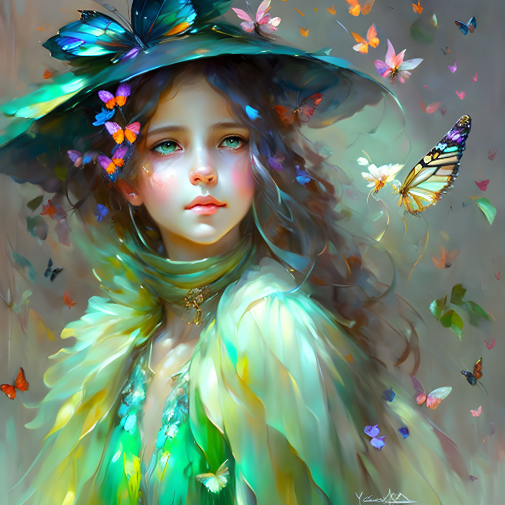 Digital artwork: Girl in wide-brimmed hat with butterflies in vibrant, ethereal setting