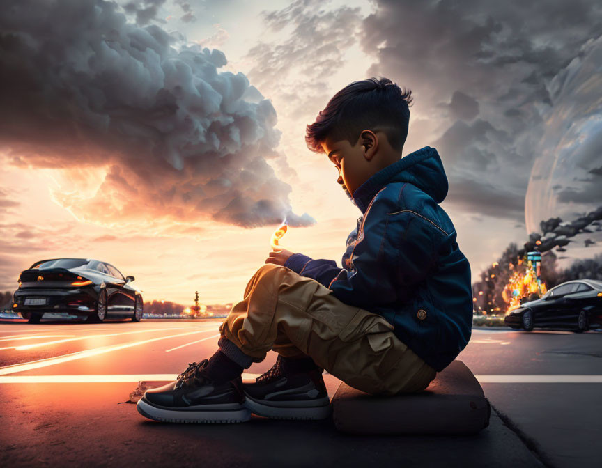 Young boy on skateboard lighting sparkler at sunset on road with cars