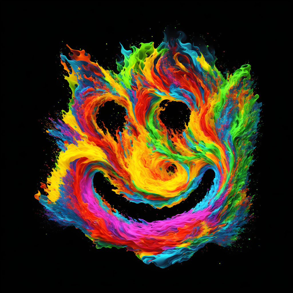 Multicolored paint splatters swirl on black background