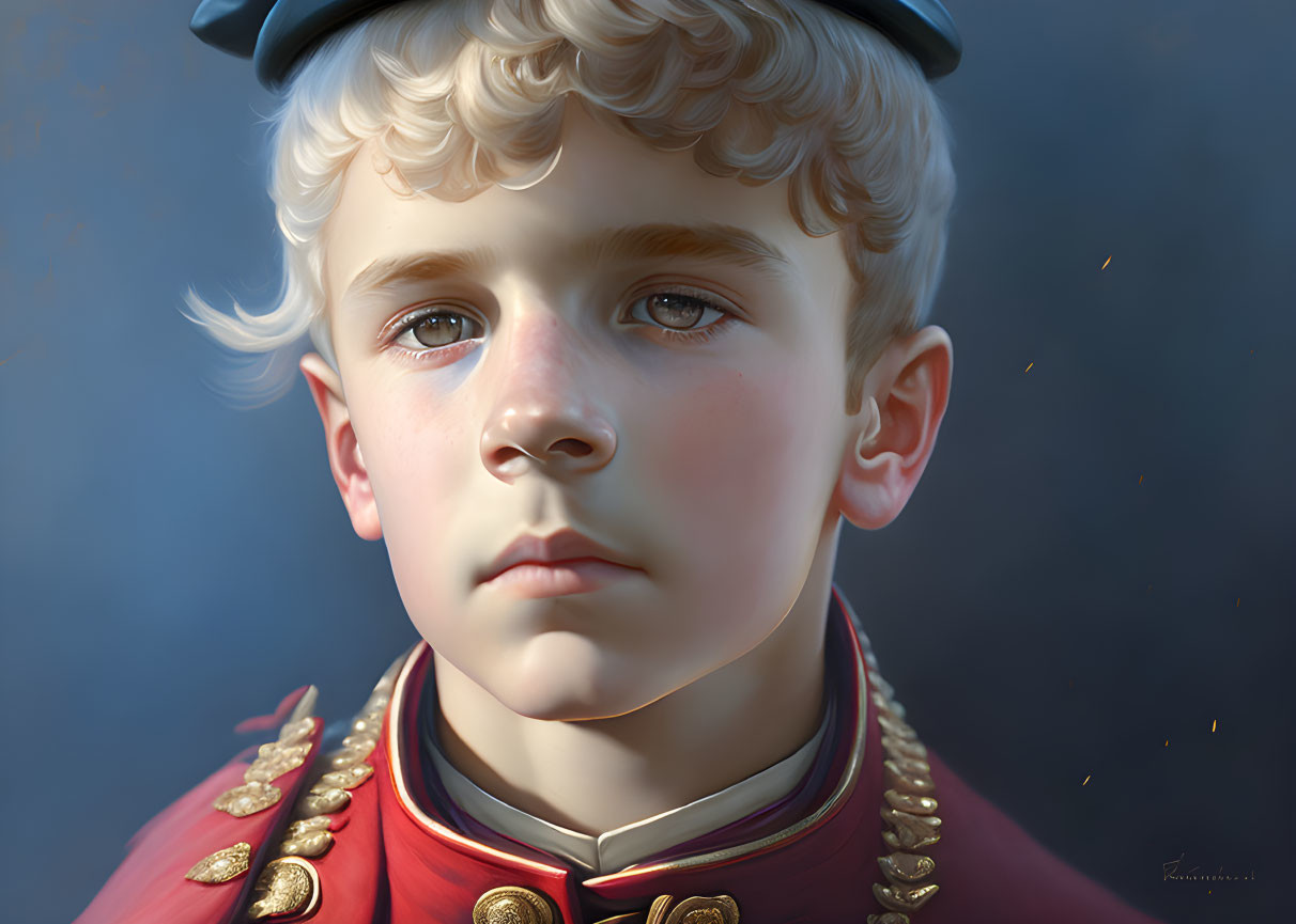 Young boy with curly light hair in red military-style jacket and black cap