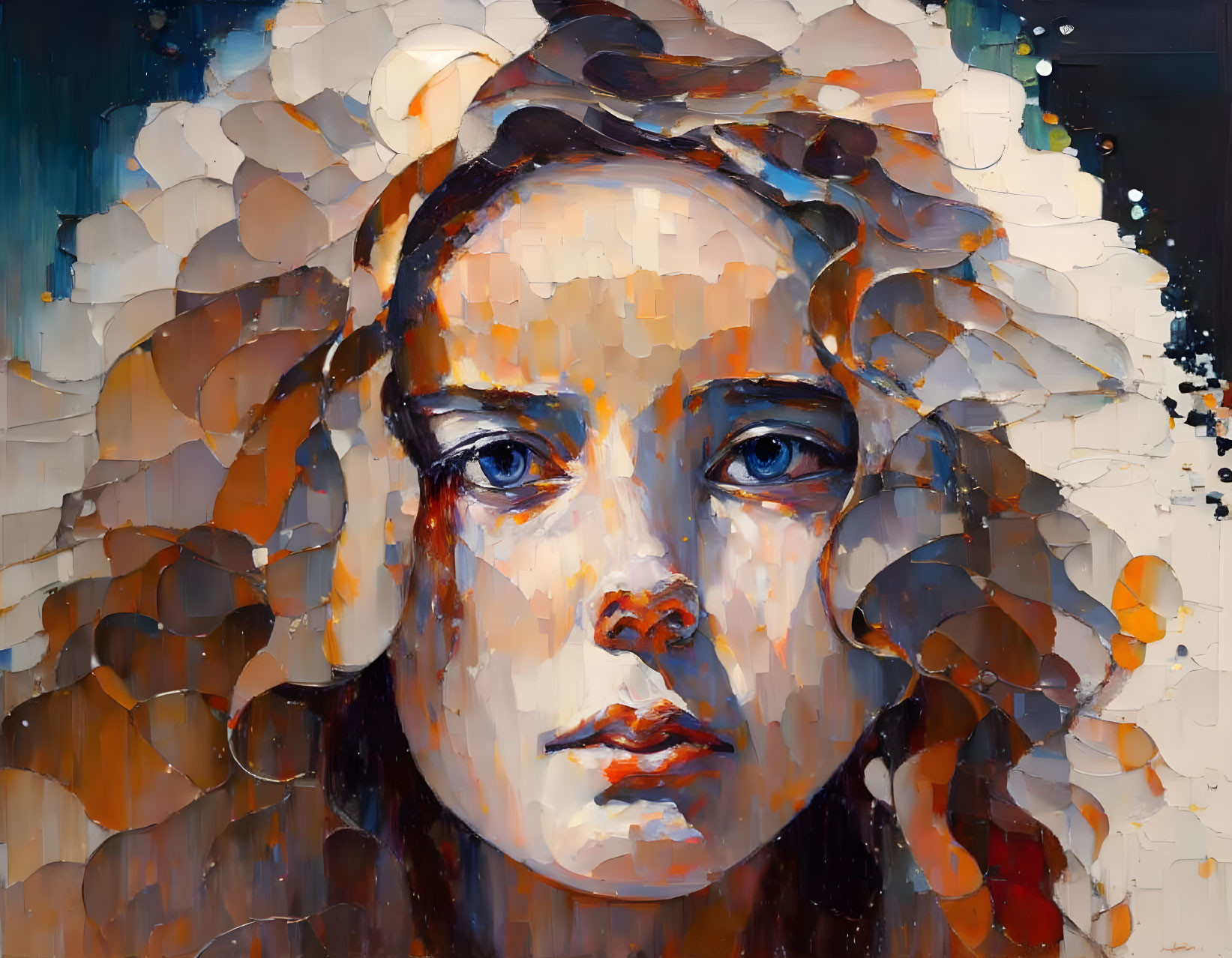 Vibrant mosaic background with woman's expressive gaze