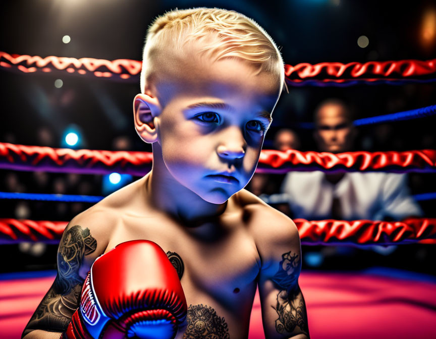 Young boy in boxing ring with determined expression and temporary tattoos.