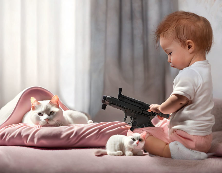 Toddler with gun near cats and pink blanket.