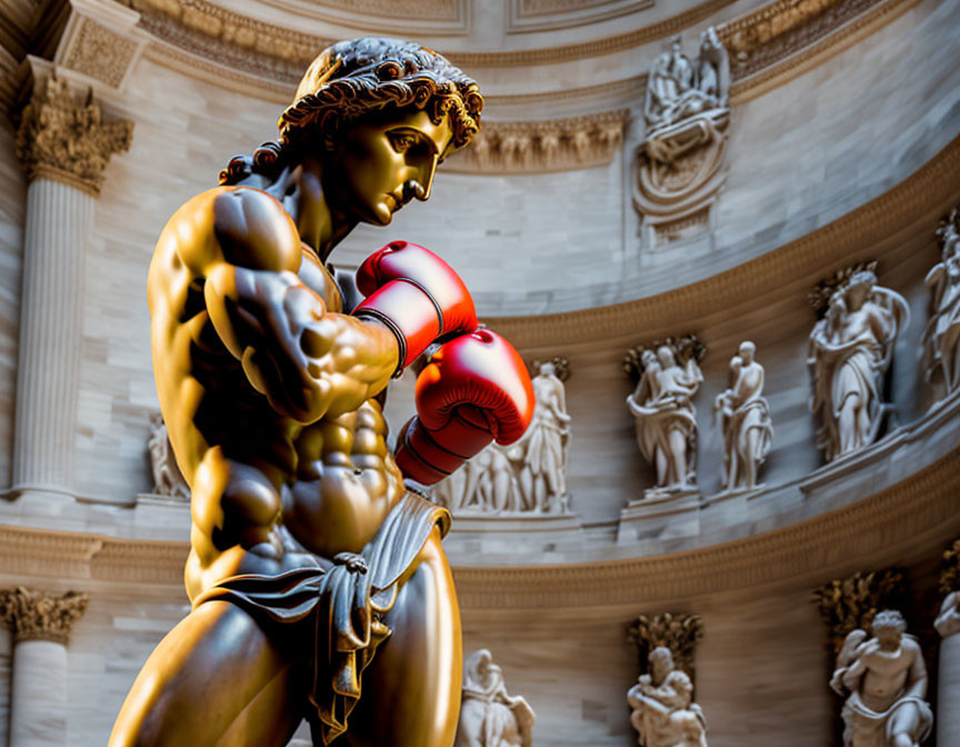 Digitally altered photo of David statue with red boxing gloves in classical setting