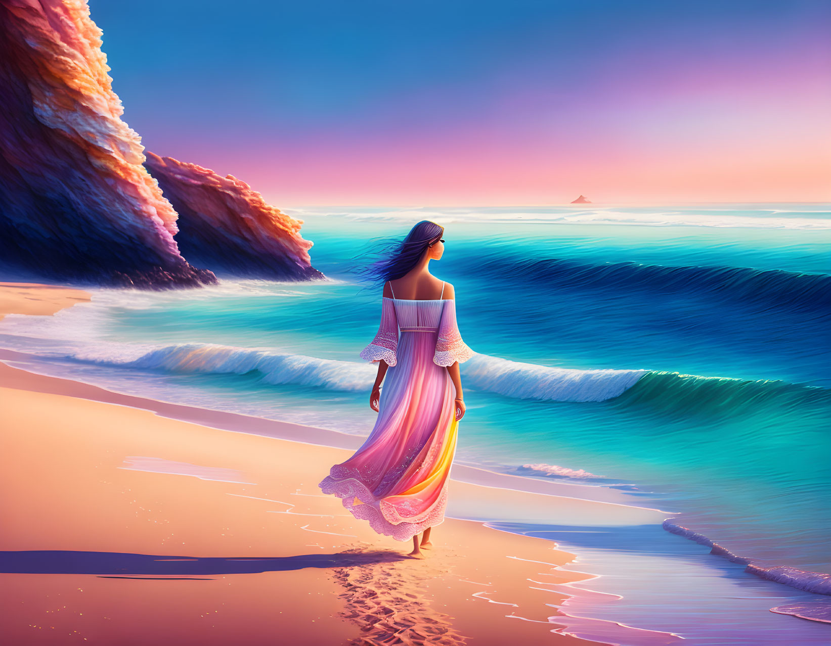 Woman in flowing dress gazes at sea and ship on beach at vibrant sunset