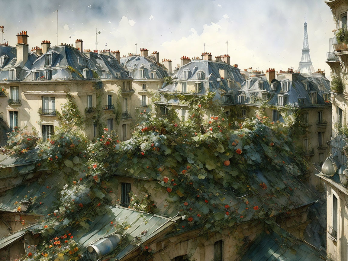 Parisian rooftops adorned with greenery and flowers, Eiffel Tower in view