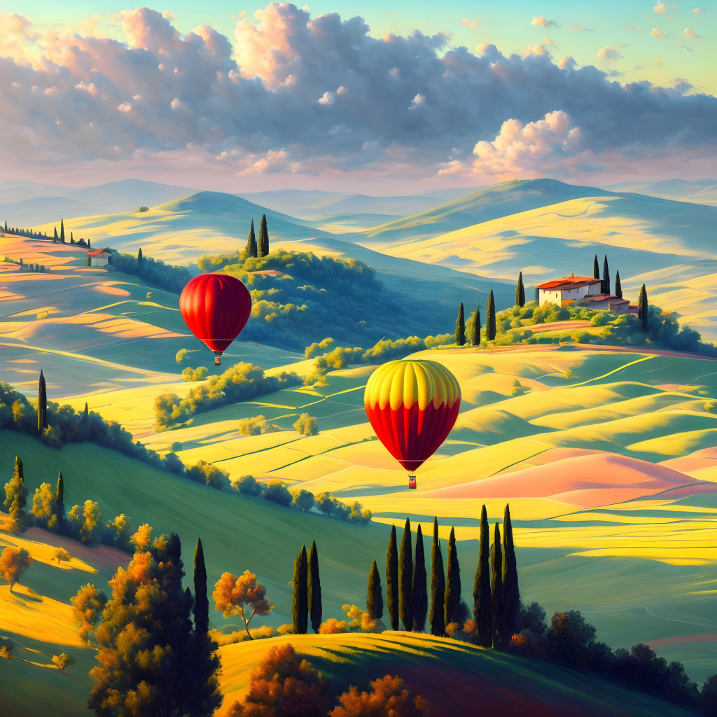 Scenic sunset view of rolling hills with hot air balloons, fields, trees, and farmhouse