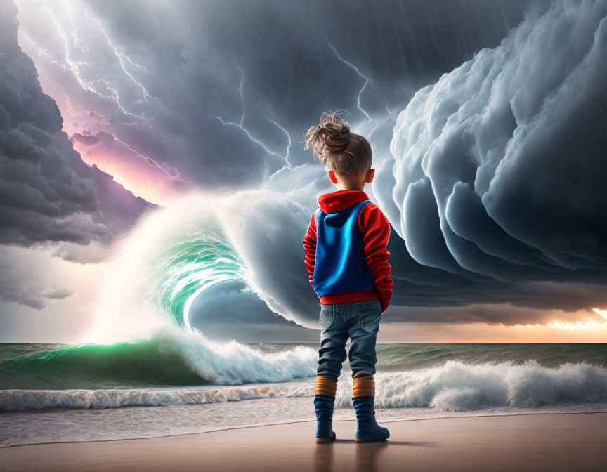 Child on beach faces giant wave and storm clouds symbolizing power and innocence.