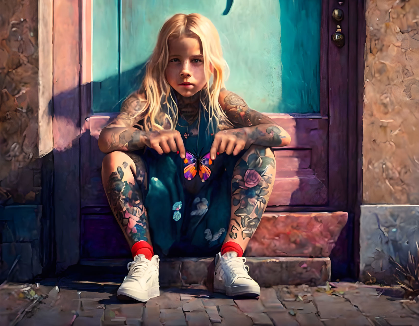 Blond-Haired Child with Realistic Colorful Tattoos Sitting on Steps