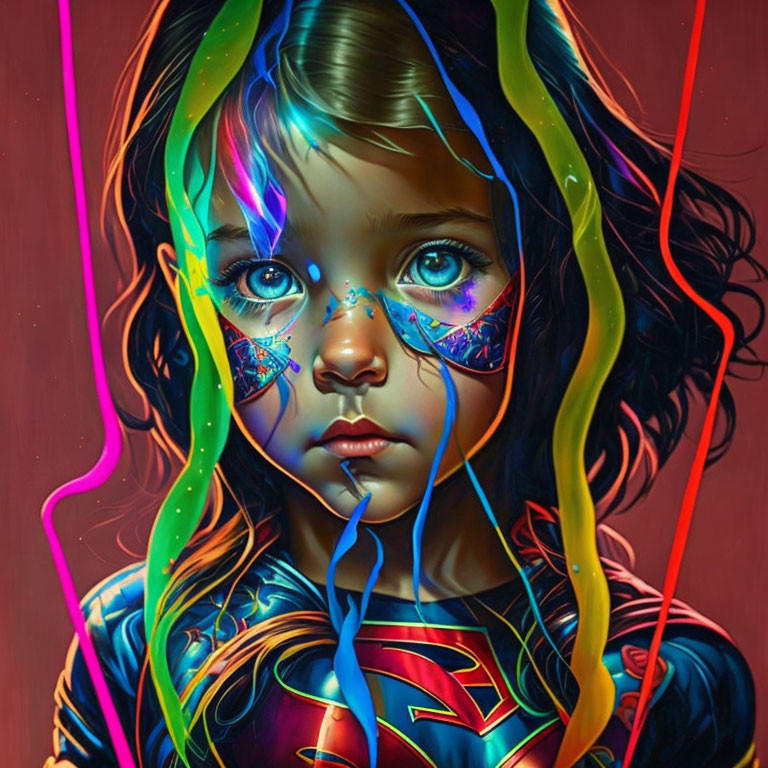 Vibrant digital artwork: young girl with expressive eyes and Superman logo in neon colors