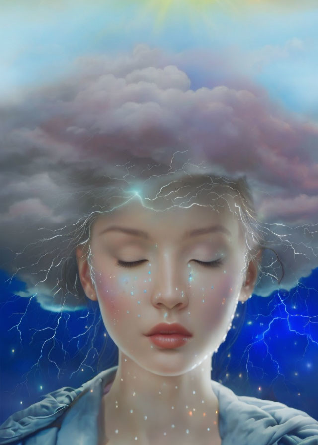 Woman with lightning clouds, blue sky, and rainbow light