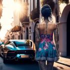 Woman with full-body tattoos walking to sports car at sunset with helmet.