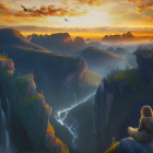 Person overlooking futuristic valley with floating structures at sunset