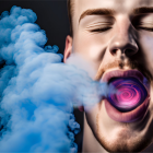 Blue smoke exhaled with glowing circular device on dark background