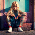 Blond-Haired Child with Realistic Colorful Tattoos Sitting on Steps