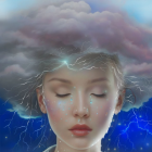 Woman with lightning clouds, blue sky, and rainbow light