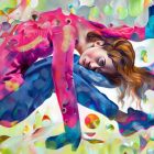 Vibrant surreal portrait of woman surrounded by colorful bubble shapes