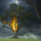 Majestic tree illuminated by fiery glow in stormy sky