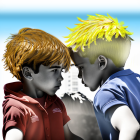 Two young boys with stylized hair in red and blue shirts facing each other against a cityscape background