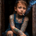 Young girl with tattoos smoking in rustic setting