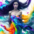 Colorful digital artwork: Woman with dynamic, multicolored hair and paint swirl garments.