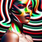 Colorful digital portrait of woman with golden jewelry and neon makeup