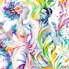 Colorful illustration of male and female couple with floral attire