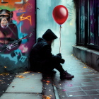 Person in black with beanie holding red balloon by graffiti wall with gorilla holding gun