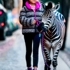 Young girl in faux fur coat with zebra on street