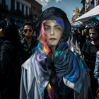 Colorful-haired person in black hat among crowd, silver cloak and dark scarf.