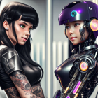 Human with tattoos and robot with helmet and machinery in futuristic setting