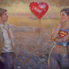 Romantic painting of man and woman with heart-shaped balloon at sunset