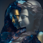 Stylized crystalline human figures with glowing features on dark background