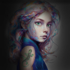 Digital Artwork: Young Girl with Colorful Hair & Realistic Gecko Tattoo