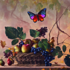 Colorful Still Life Painting with Fruits, Berries, and Butterfly