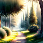 Tranquil Forest Path with Sunlight and Wildflowers