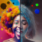 Colorful and grayscale split face composition with paint splatters