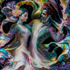 Man and woman in colorful attire dancing in cosmic swirl.