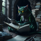 Anthropomorphic cat reading in abandoned library