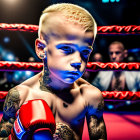 Young boy in boxing ring with determined expression and temporary tattoos.