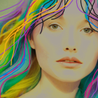 Portrait of a person with rainbow hair and blue eyes on fair skin