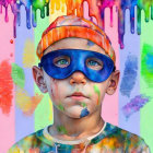 Child in Colorful Cap and Superhero Mask on Vibrant Paint Drip Background