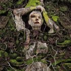 Human-like face in tree roots and moss: surreal earthy composition